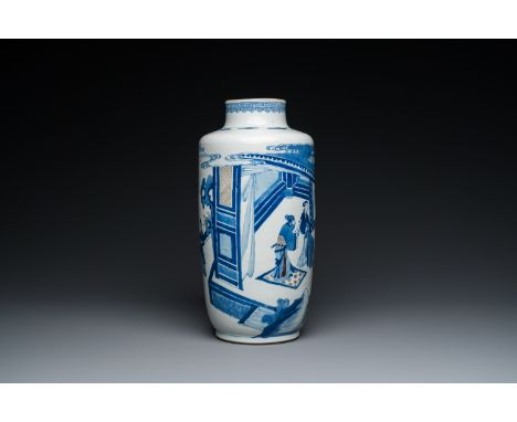 Full title: A Chinese blue, white and copper-red 'narrative subject' rouleau vase, KangxiDescription:H.: 39 cm
