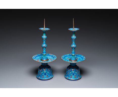 Full title: A pair of Chinese light-blue-ground Canton enamel candlesticks, YongzhengDescription:H.: 34 cm