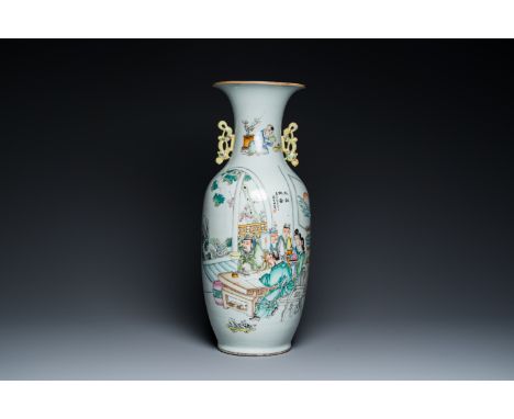 Full title: A Chinese famille rose 'scholars' vase with two-sided design, signed Cai Yun Xuan å½©é›²è»’, dated 1919Descriptio