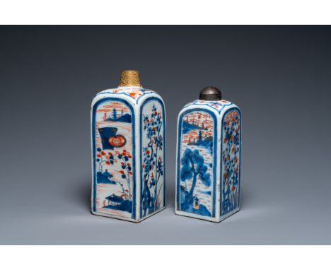 Full title: Two Chinese Imari-style square bottles with metal mounts, KangxiDescription:H.: 26 cm (the tallest)