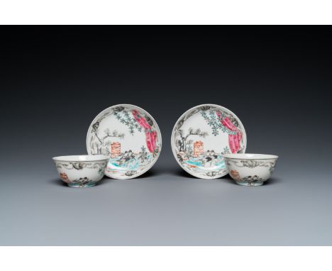 Full title: A pair of Chinese famille rose 'Valentine's doves' cups and saucers, QianlongDescription:Dia.: 11,5 cm (the sauce