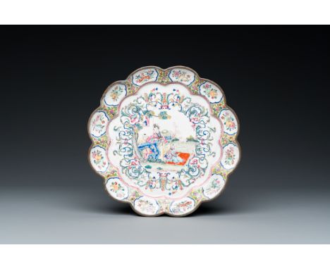 Full title: A lobed Chinese Canton enamel plate with a lady and two boys in a garden, YongzhengDescription:Dia.: 20 cm