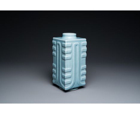 Full title: A Chinese monochrome clair de lune-glazed 'cong' vase, Qianlong mark, 20th C.Description:H.: 28,5 cm