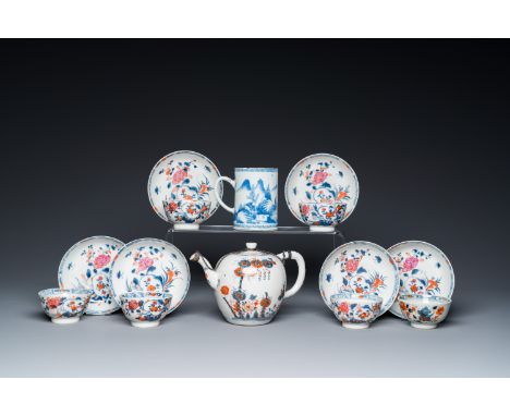 Full title: Six Chinese famille rose cups and saucers, an Imari-style teapot and a blue and white mug, Kangxi/QianlongDescrip