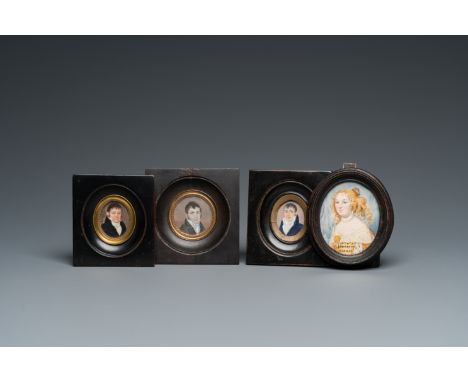 Full title: Four portrait miniatures, England and/or France, 18/19th C.Description:Dim.: 10 x 8,5 cm (the oval frame)Dim.: 7 