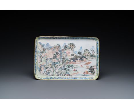 Full title: A rectangular Chinese Canton enamel 'mountain landscape' tray, YongzhengDescription:Dim.: 31,5 x 21 cm