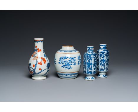 Full title: Three Chinese blue and white vases and an Imari-style vase, KangxiDescription:H.: 15,5 cm (the tallest)