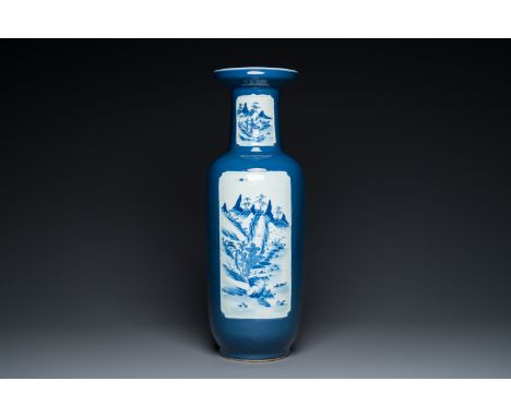 Full title: A Chinese blue-ground rouleau vase with blue and white landscape panels, 19th C.Description:H.: 63,5 cm  Provenan