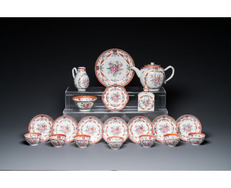 Full title: A Chinese famille rose 20-piece tea service with floral design, QianlongDescription:Dia.: 20,5 cm (the plate)H.: 