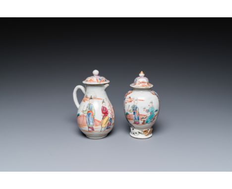 Full title: A Chinese famille rose 'mandarin subject' jug with cover and a tea caddy, QianlongDescription:H.: 13,5 cm - L.: 1