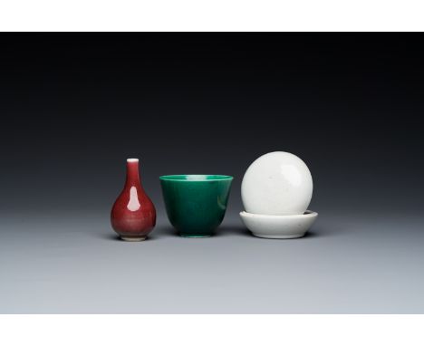 Full title: A Chinese monochrome copper-red vase, a green anhua 'dragon' cup and a white-glazed box and cover, 19/20th C.Desc