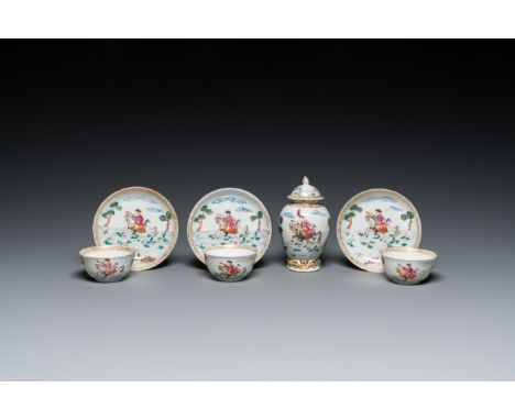 Full title: Three Chinese famille rose 'horserider' cups and saucers with the matching tea caddy, Yongzheng/QianlongDescripti