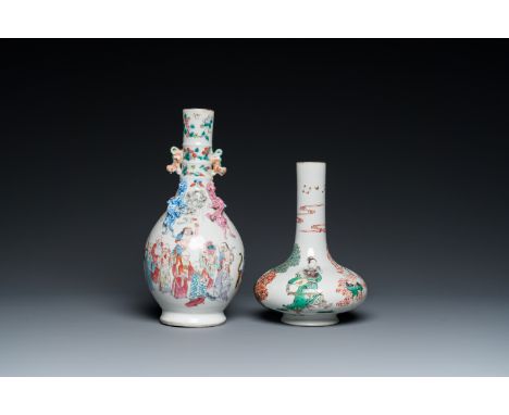 Full title: A Chinese famille rose '18 Luohan' bottle vase and a famille verte vase, Kangxi mark, 19th C.Description:H.: 25 c