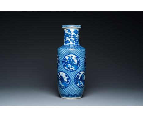 Full title: A Chinese blue and white rouleau 'immortals' vase, Kangxi mark, 19th C.Description:H.: 44 cm  Provenance: The col