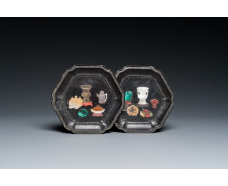 Full title: A pair of Chinese precious-stone-embellished lacquer dishes, KangxiDescription:L: 13,5 cm