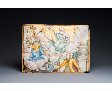 Full title: A large polychrome Castelli faience plaque with a singer in front of Christ, God and the Virgin, Italy, 18th C.De