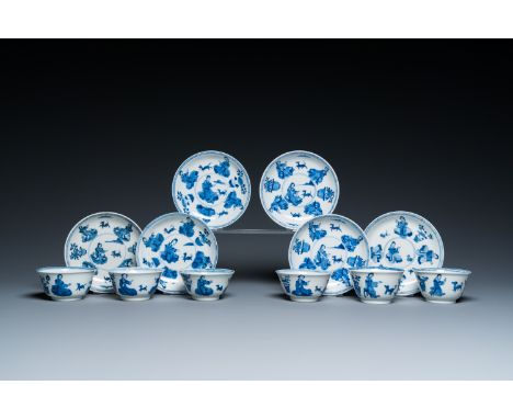 Full title: Six Chinese blue and white 'Lady and dog' cups and saucers, KangxiDescription:Dia.: 13 cm (the saucers)Dia.: 8,5 