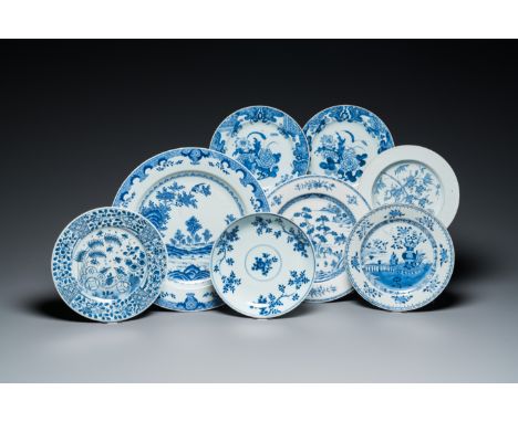Full title: A Chinese blue and white dish and seven plates with flowers and landscapes, Kangxi/QianlongDescription:Dia.: 35,5