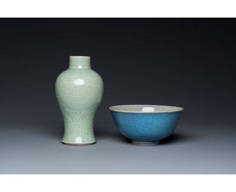 Full title: A Chinese celadon-glazed vase with underglaze design and a junyao-type bowl, 19/20th C.Description:H.: 22 cm (the