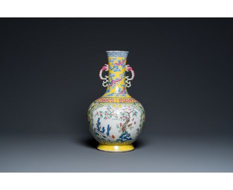 Full title: A Chinese yellow-ground famille rose 'nine peaches' bottle vase, JiaqingDescription:H.: 39,5 cm