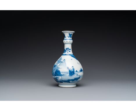 Full title: A Chinese blue and white bottle vase with figures in a landscape, KangxiDescription:H.: 19 cm