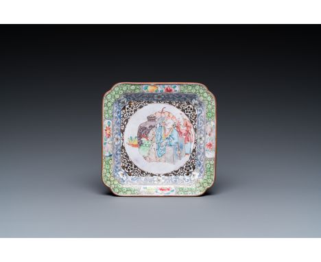 Full title: A Chinese Canton enamel square saucer dish with a scholar drinking wine, Yongzheng/QianlongDescription:Dim.: 10,5