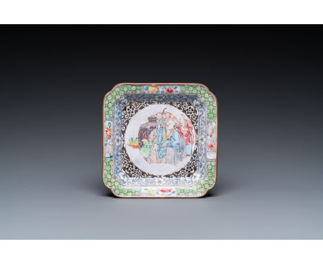 Full title: A Chinese Canton enamel square saucer dish with a scholar drinking wine, Yongzheng/QianlongDescription:Dim.: 10,5