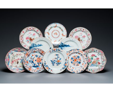 Full title: Ten Chinese blue and white, famille rose and verte plates, Kangxi and laterDescription:Dia.: 23 cm (the largest) 