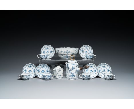Full title: Six blue and white Meissen porcelain cups and saucers, a chocolate pot, a bowl and a tea caddy, 18th C.Descriptio