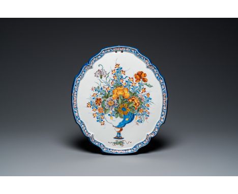 Full title: A fine polychrome Dutch Delft 'flower vase' plaque, 18th C.Description:Dim.: 36,5 x 32,5 cm  Marked D on the back