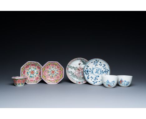 Full title: Four Chinese saucers and three cups in blue and white, doucai and famille rose porcelain, Kangxi and laterDescrip