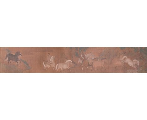 Full title: Chinese school: 'Two riders and eight horses', ink and colour on silk, probably MingDescription:Dim.: 329 x 35 cm