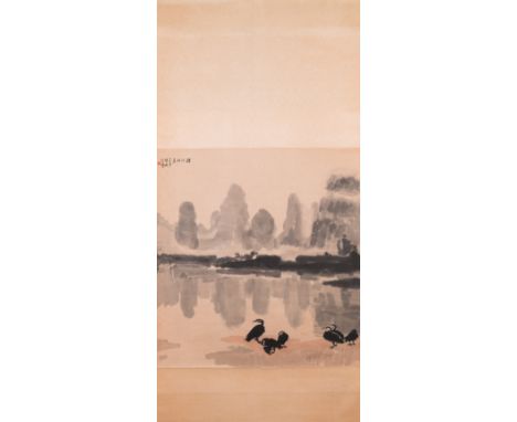 Full title: Xu Beihong (1895-1953): 'Landscape with six cormorants', woodblock print by Rong Bao Zhai, 20th C.Description:Dim