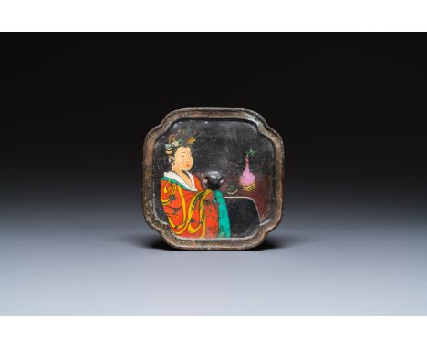 Full title: A Chinese bronze mirror with painted portrait of a lady, TangDescription:Dim.: 17 x 17 cm  Provenance:- The colle
