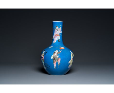 Full title: A Chinese blue-ground famille rose 'eight immortals' bottle vase, Qianlong mark, 19th C.Description:H.: 38,5 cm