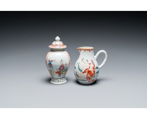 Full title: A Chinese famille rose 'mandarin subject' tea caddy and a jug with the 'Judgement of Paris', QianlongDescription: