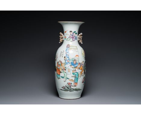 Full title: A Chinese famille rose two-sided design vase with court scene, signed Xia Jingguang å¤éœå»£, RepublicDescription: