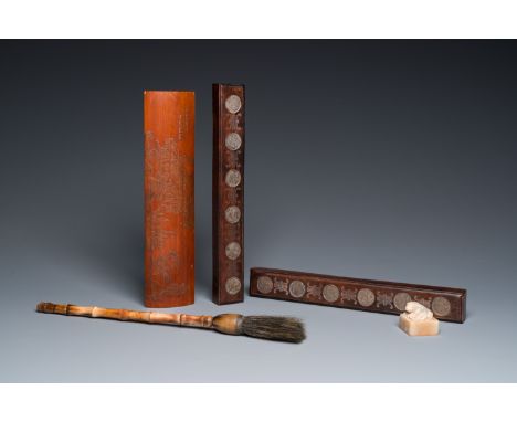 Full title: Five Chinese scholar's objects in bamboo, bone, inlaid wood and soapstone, 19/20th C.Description:L. 36,5 cm (the 