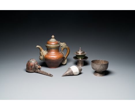 Full title: Five Tibetan ritual objects in copper, silver, jade and wood, 19/20th C.Description:L.: 29,5 cm - H.: 27 cm (the 