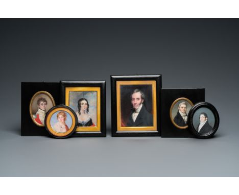 Full title: Six portrait miniatures, England and/or France, 19th C.Description:Dim.: 16 x 13 cm (the largest frame)Dim.: 11 x