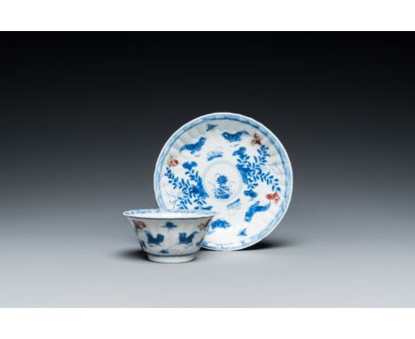 Full title: A Chinese blue, white and copper-red cup and saucer, KangxiDescription:Dia.: 12 cm (the saucer) Dia.: 7,5 cm - H.