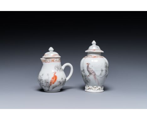 Full title: A Chinese iron-red and grisaille tea caddy and cream jug with fine pheasants, YongzhengDescription:H.: 13 cm (the