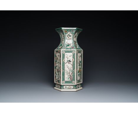 Full title: A Chinese hexagonal verte biscuit vase, 19th C.Description:H.: 43,5 cm