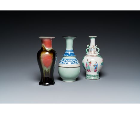 Full title: A Chinese famille rose, a flambe-glazed and a blue and white celadon-ground vase, 19/20th C.Description:H.: 23 cm