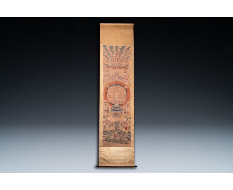 Full title: Chinese school: 'The 33-headed Avalokitesvara', ink and colour on silk, 19/20th C.Description:Dim.: 374,5 x 88,5 
