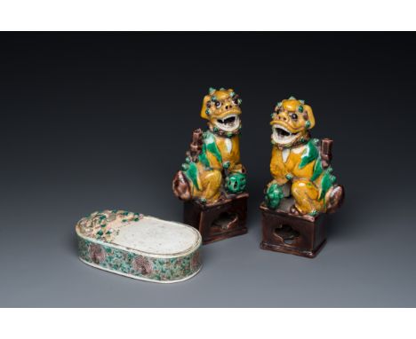 Full title: A pair of Chinese sancai incense stick holders and a verte biscuit inkstone, Kangxi or laterDescription:H.: 17 cm