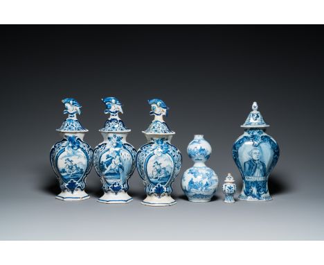 Full title: Six Dutch Delft blue and white vases, 17/18th C.Description:H.: 35,5 cm (the tallest vase) H.: 22,5 cm (the doubl