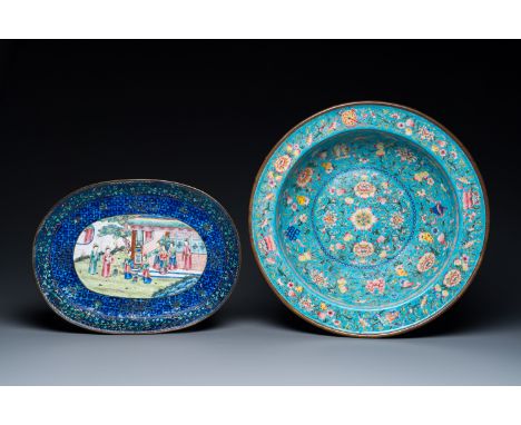Full title: A Chinese Canton enamel turquoise-ground basin and a blue-ground dish, 18/19th C.Description:Dia.: 36 cm - H.: 9 