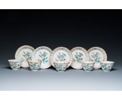 Full title: Five Chinese famille rose cups and saucers with a heron eating a fish, QianlongDescription:Dia.: 12 cm (the sauce