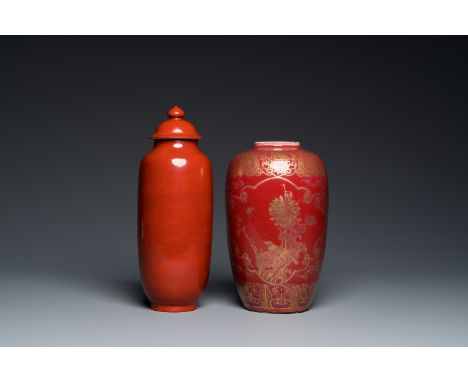 Full title: A Chinese coral-red vase with cover and a gilt-decorated sang de boeuf-glazed vase, 19/20th C.Description:H.: 31,